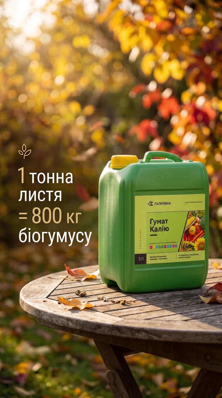 Каністра добрива Галичина на дерев’яному столі на тлі осіннього листя